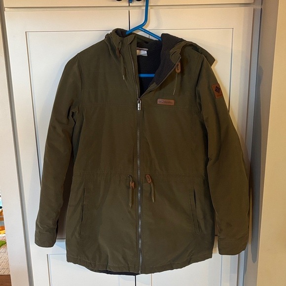 Columbia Womens Insulated Hooded Parka Jacket Khaki Green Drawstring Waist - Picture 4 of 6